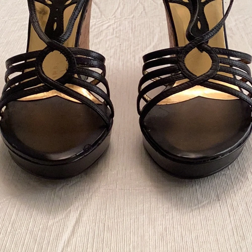 CHARLES by Charles David Cork and Black Leather Wedge Sandal. Size 8 M